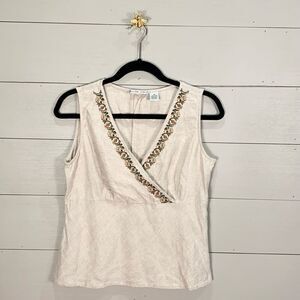 Jillian Jones linen floral embroidered sleeveless cross bust blouse woman’s 10